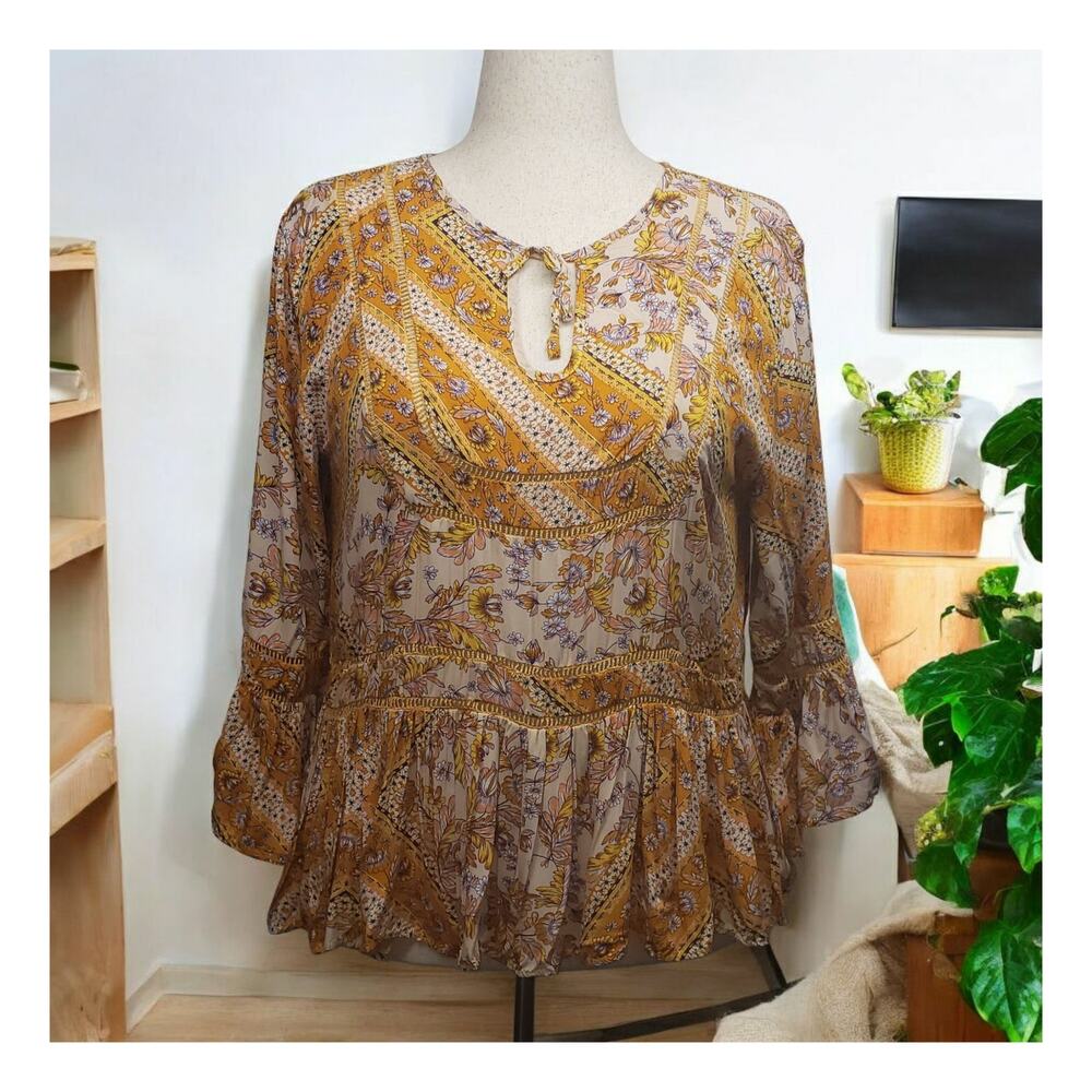 Jaase Golden Mustard Floral Blouse L Boho Cottagecore Peplum Ruffle Hem Top